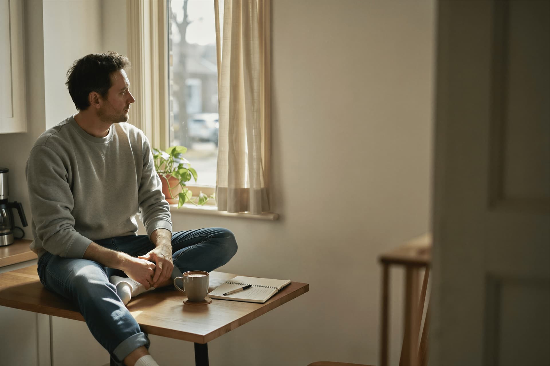 A pastor sitting on the edge of a kitchen table in early morning light, a coffee and an open notebook beside him, looking out of the window in thought