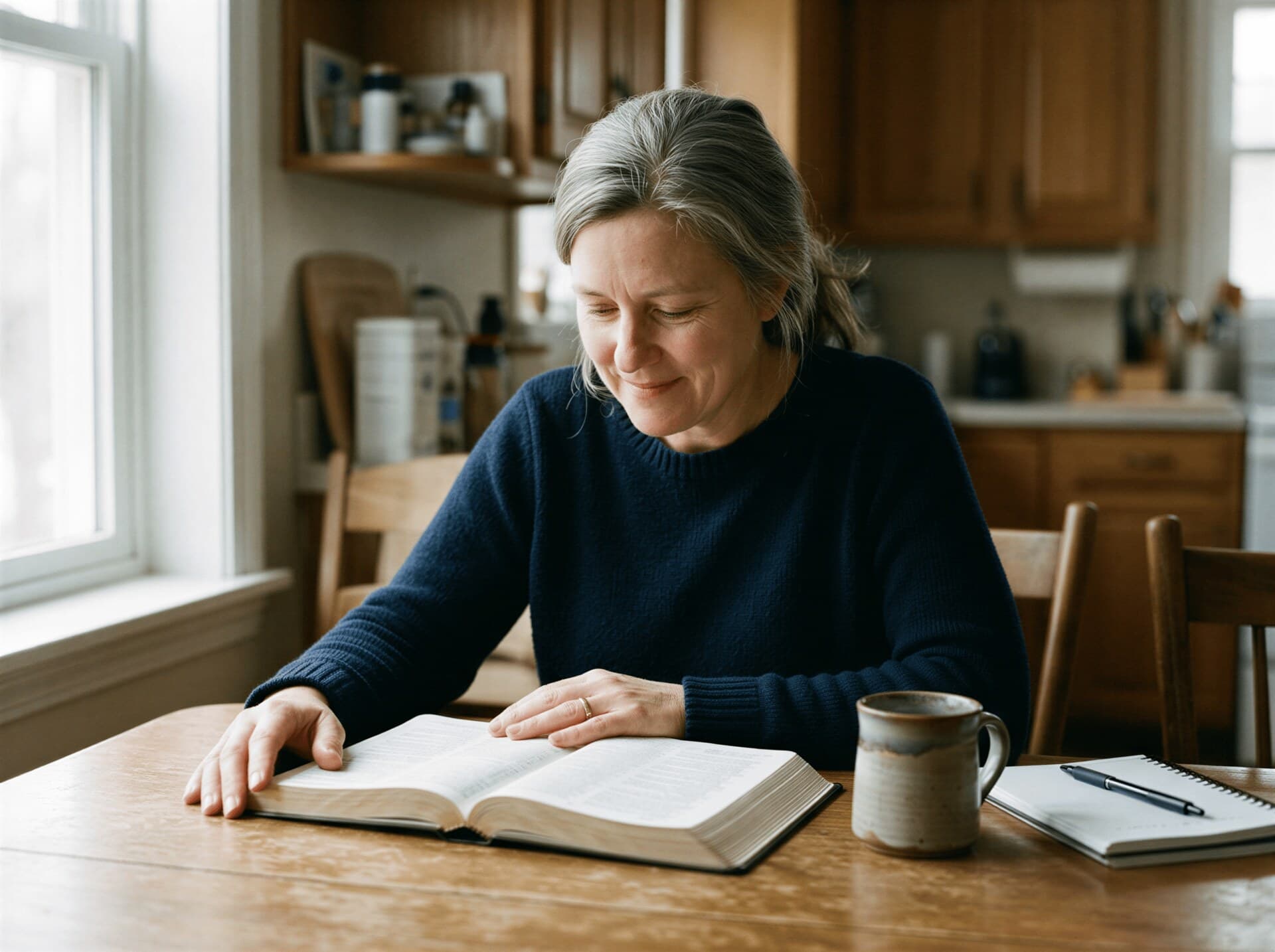 A woman reading an open Bible at a kitchen table in the morning light, one hand resting on the page, a mug and an open notebook beside her
